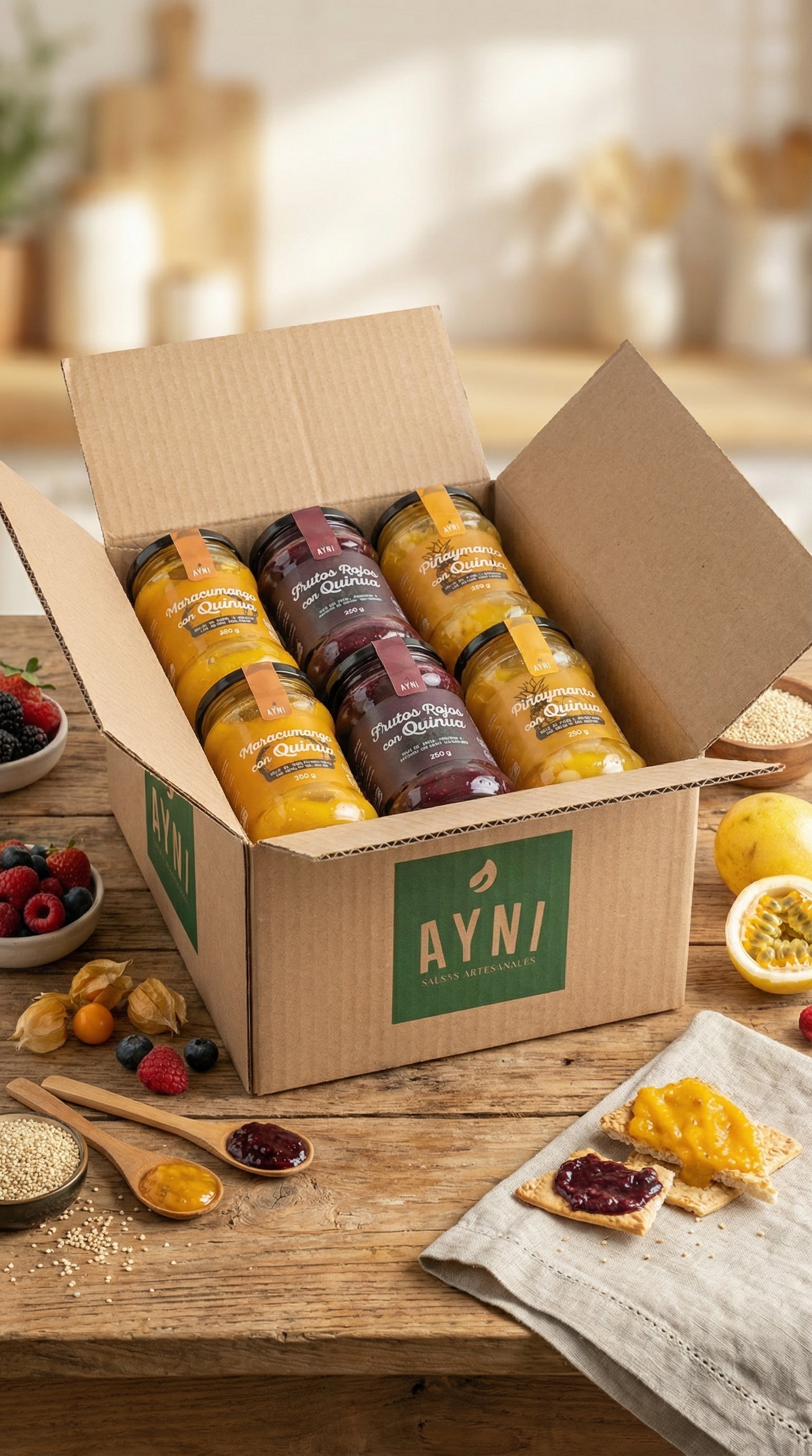 Caja AYNI con frasco abierto, pan untado y frutas